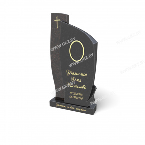 Вертикальный памятник из черного гранита с асимметричным верхом: слева высокий край с крестом, справа плавный скос вниз